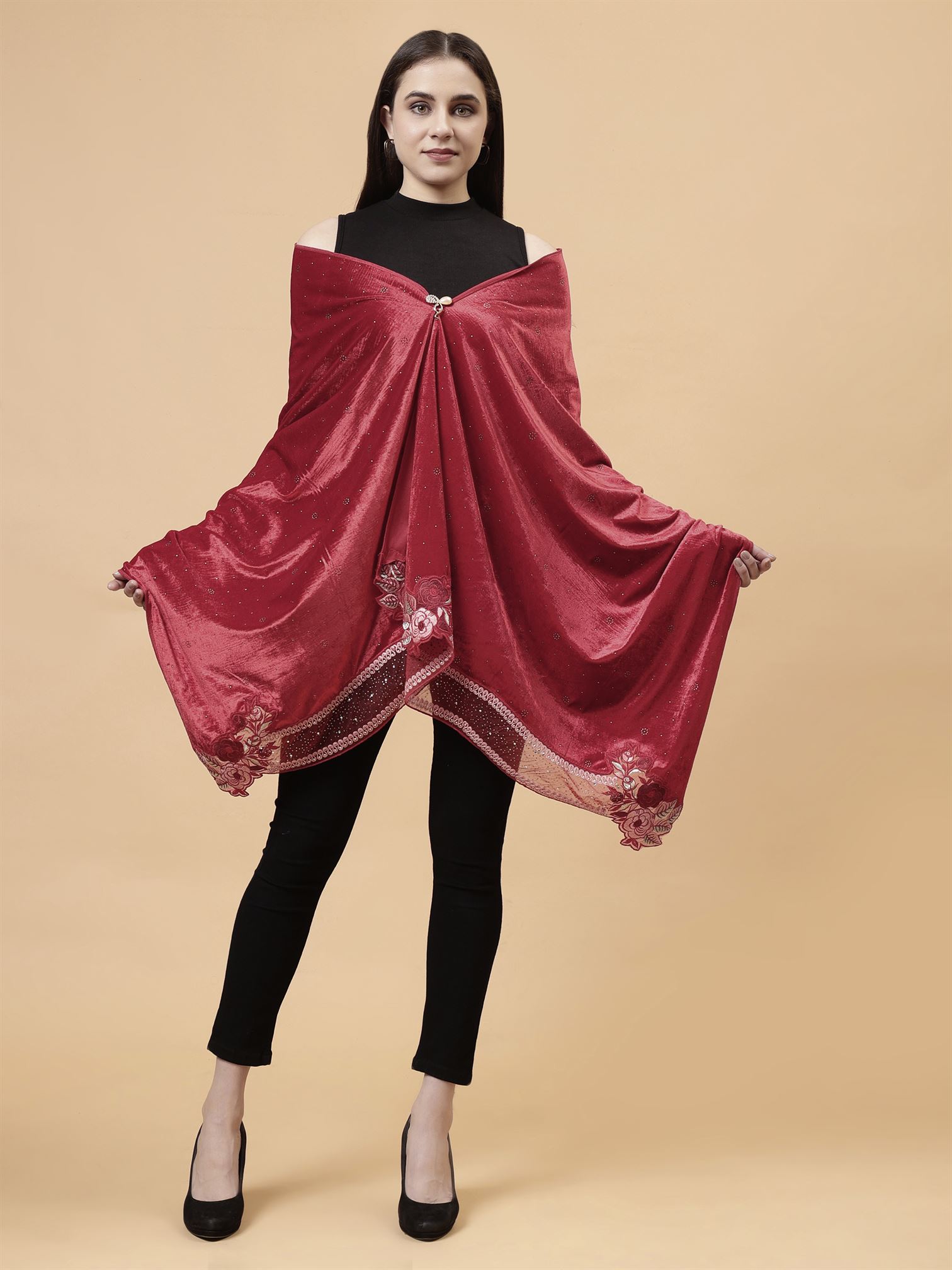 Red Embroidered Velvet Stole - MCHSVD1610R