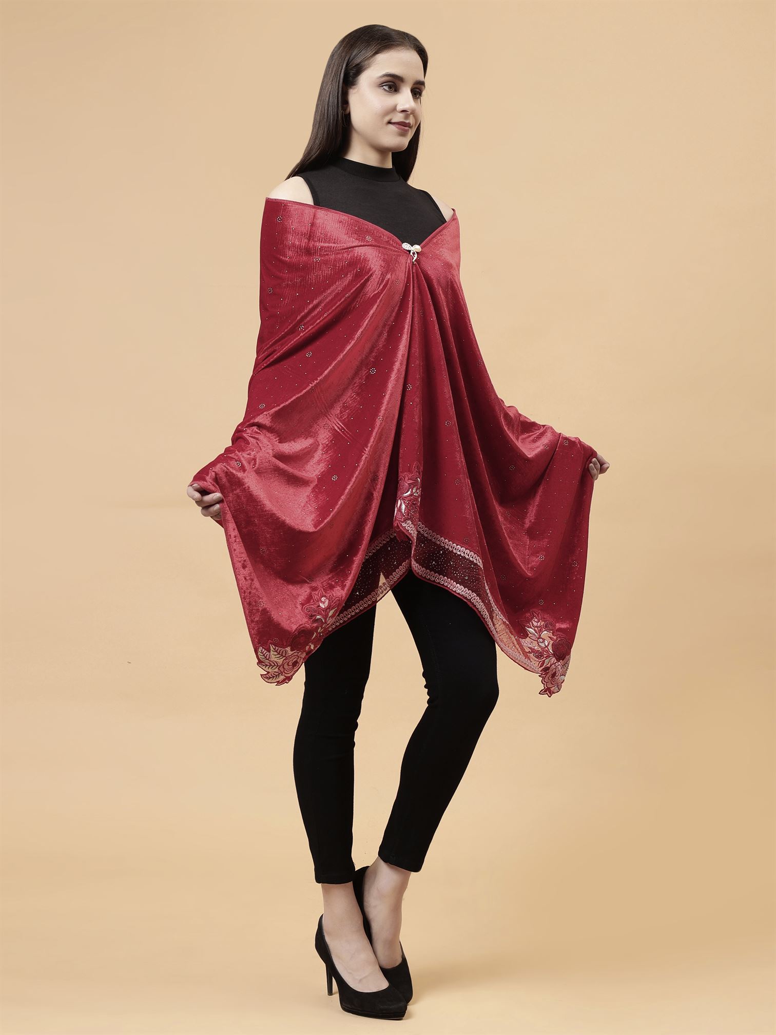 Red Embroidered Velvet Stole - MCHSVD1610R