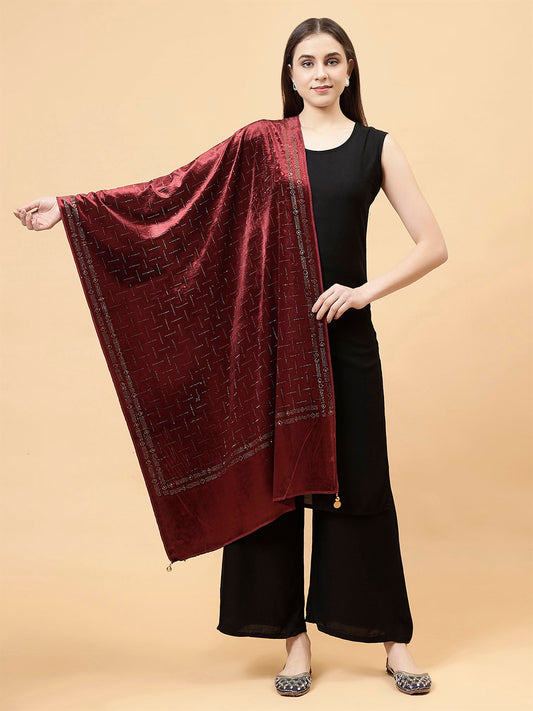 Maroon Embroidered Velvet Stole - MCHSVD1611M