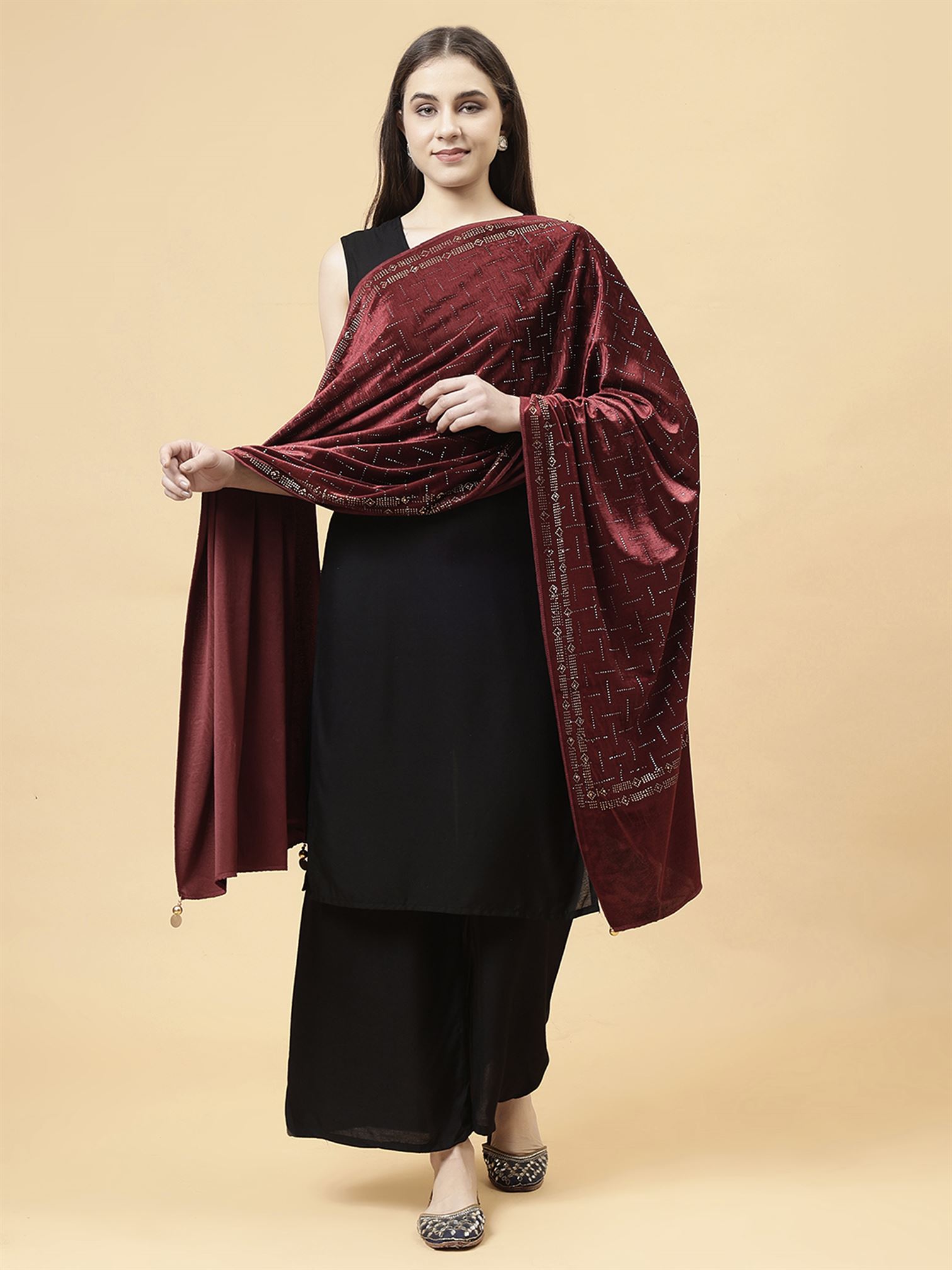 Maroon Embroidered Velvet Stole - MCHSVD1611M