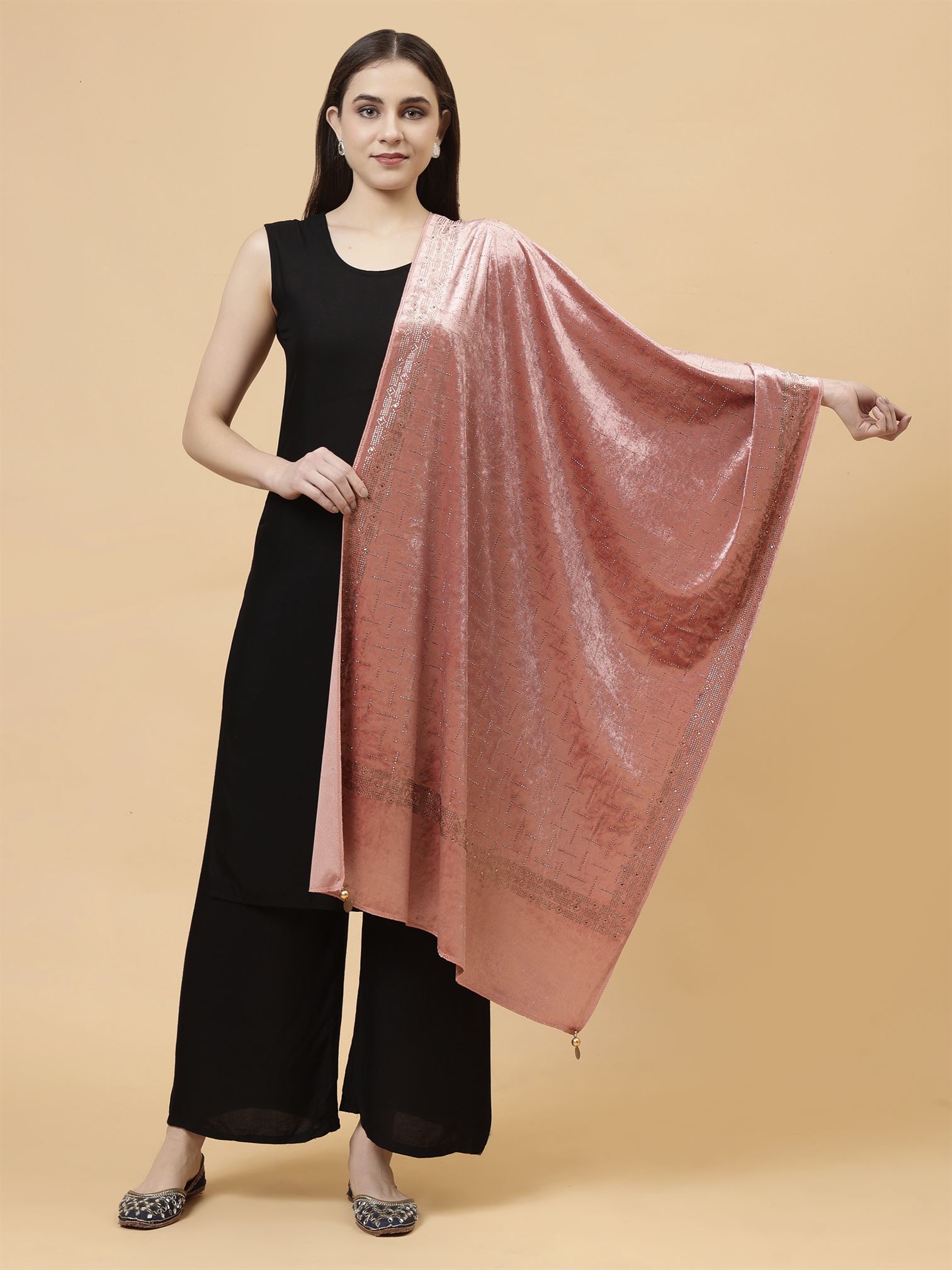 Peach Embroidered Velvet Stole - MCHSVD1611PCH