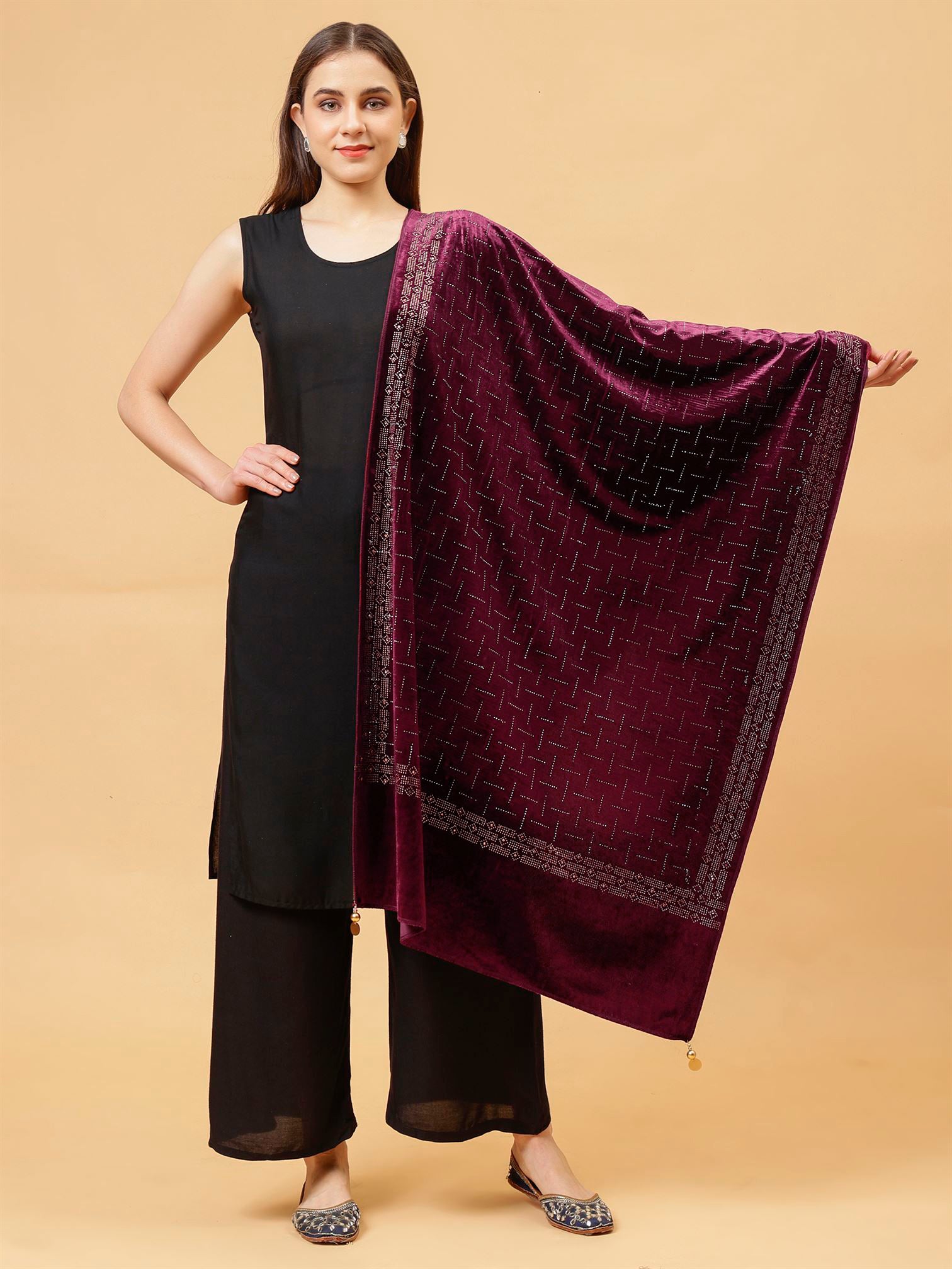 Wine Embroidered Velvet Stole - MCHSVD1611W