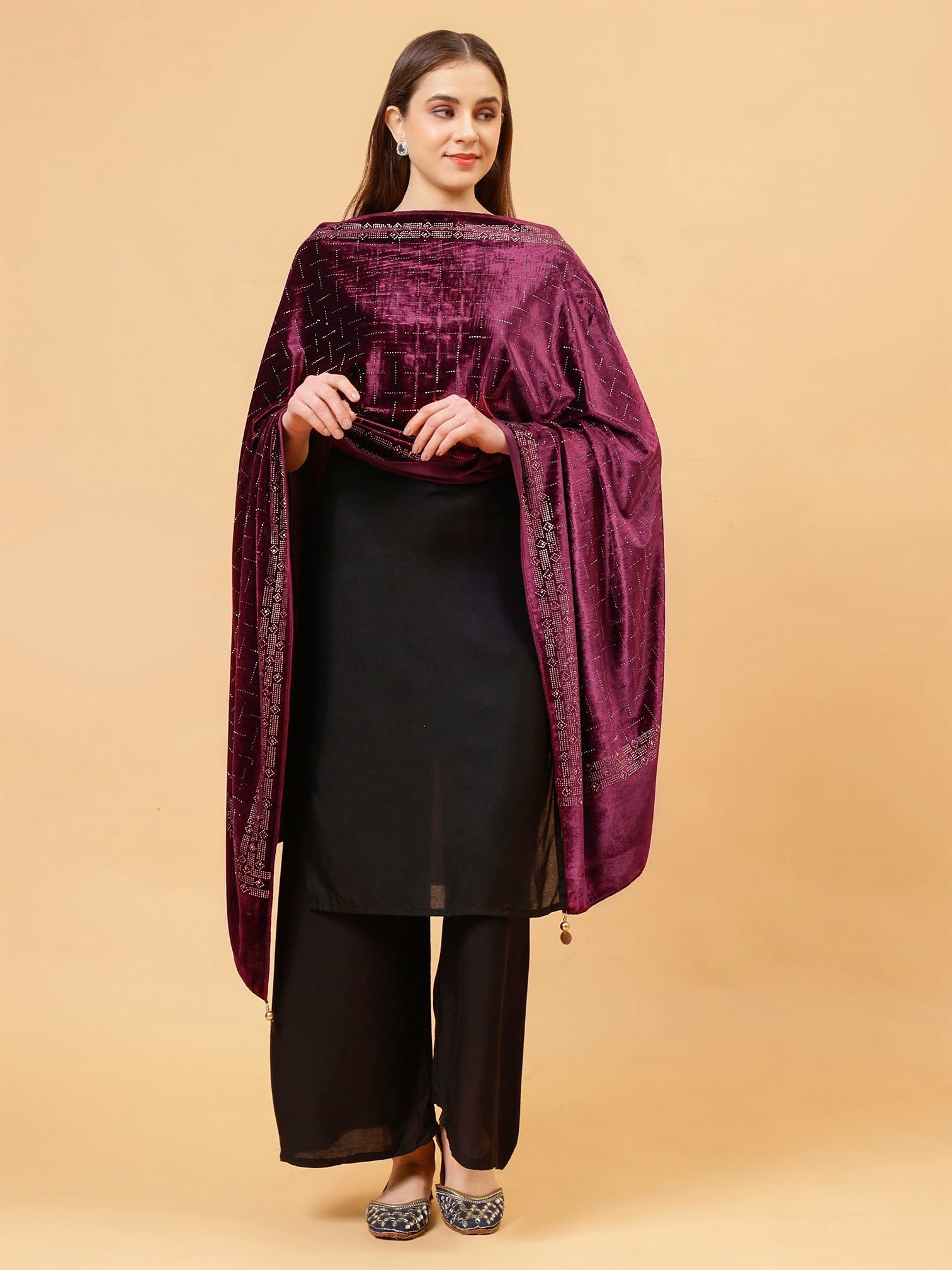 Wine Embroidered Velvet Stole - MCHSVD1611W