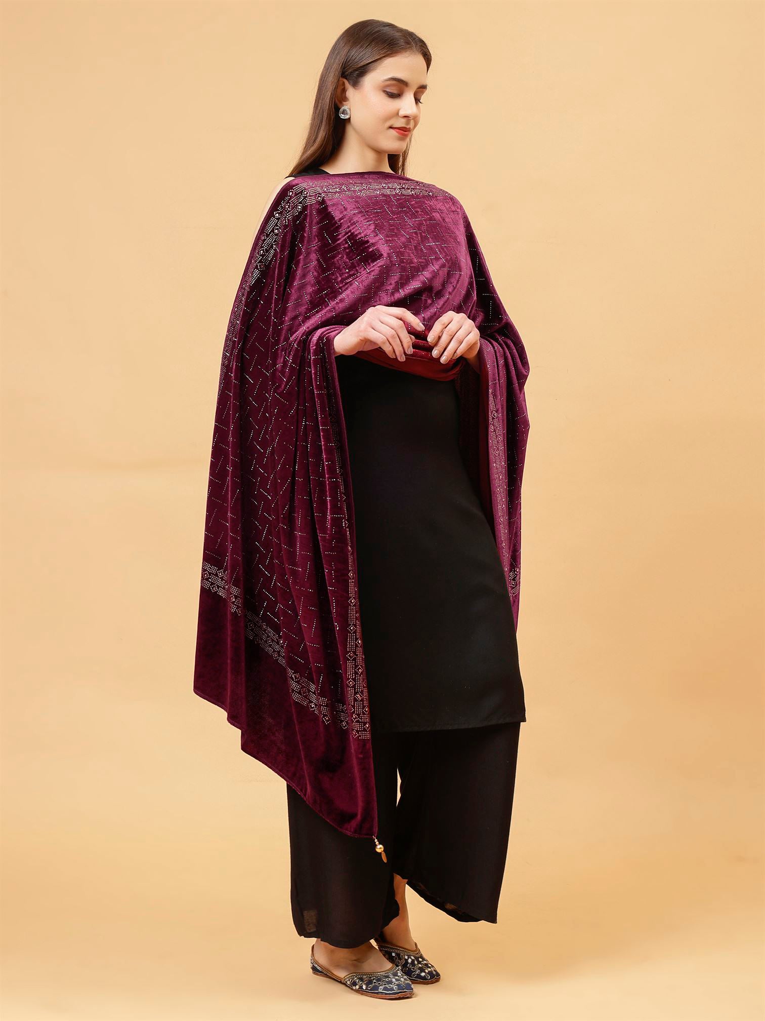 Wine Embroidered Velvet Stole - MCHSVD1611W