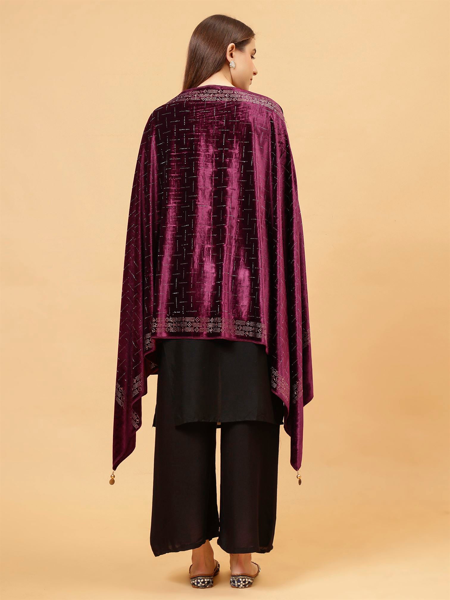 Wine Embroidered Velvet Stole - MCHSVD1611W