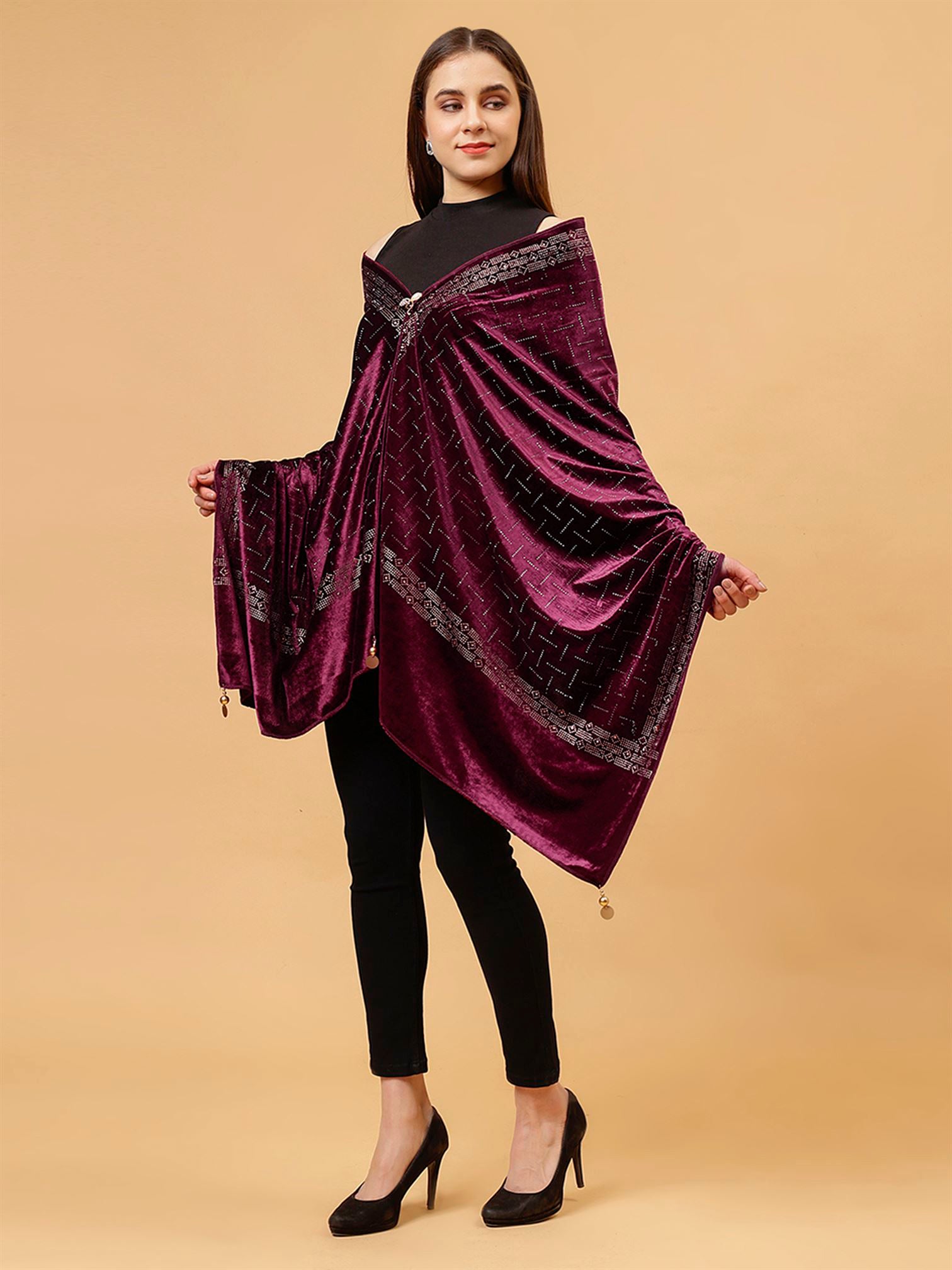 Wine Embroidered Velvet Stole - MCHSVD1611W