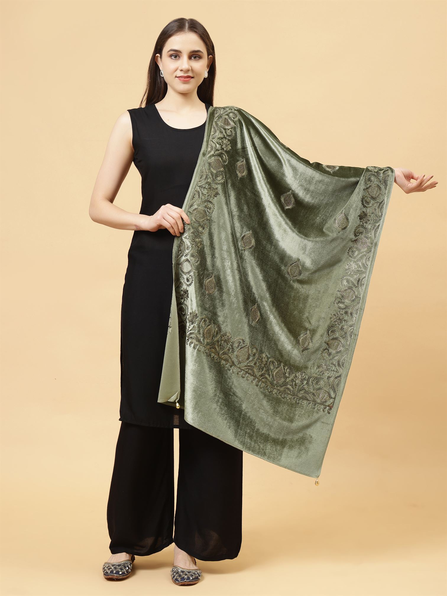 Olive Green  Embroidered Velvet Stole - MCHSVD1631G