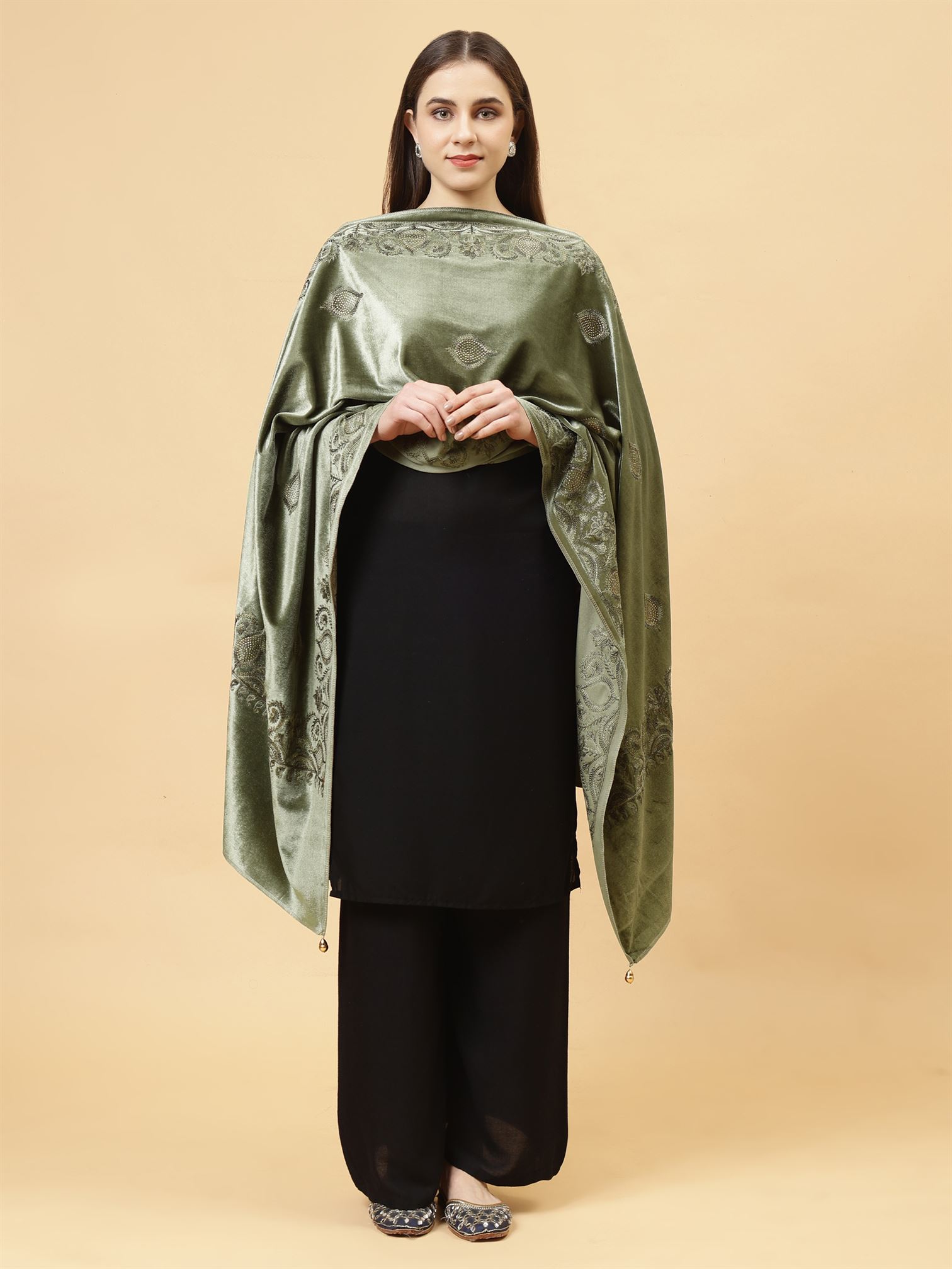 Olive Green  Embroidered Velvet Stole - MCHSVD1631G