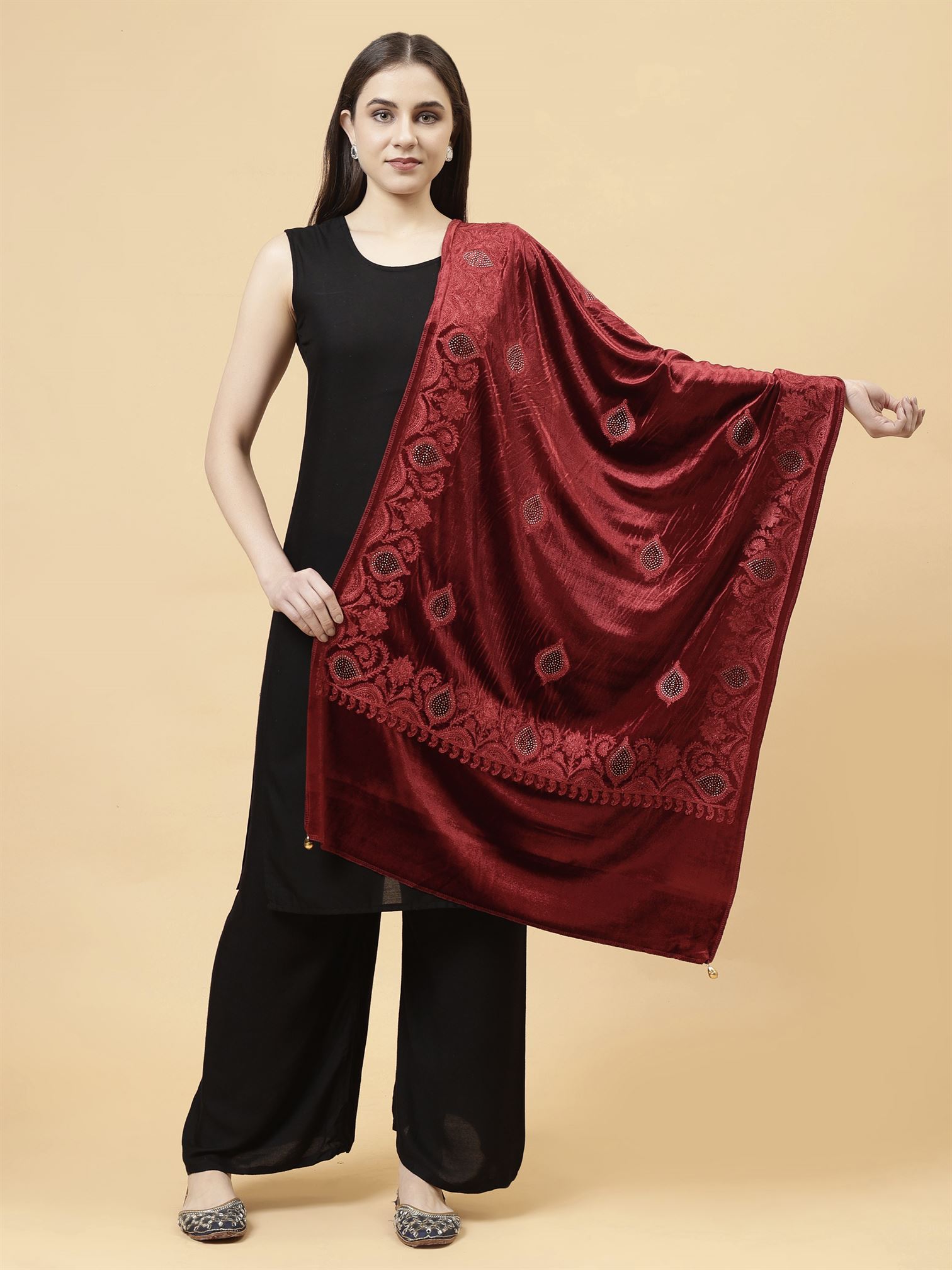 Maroon Embroidered Velvet Stole - MCHSVD1631M