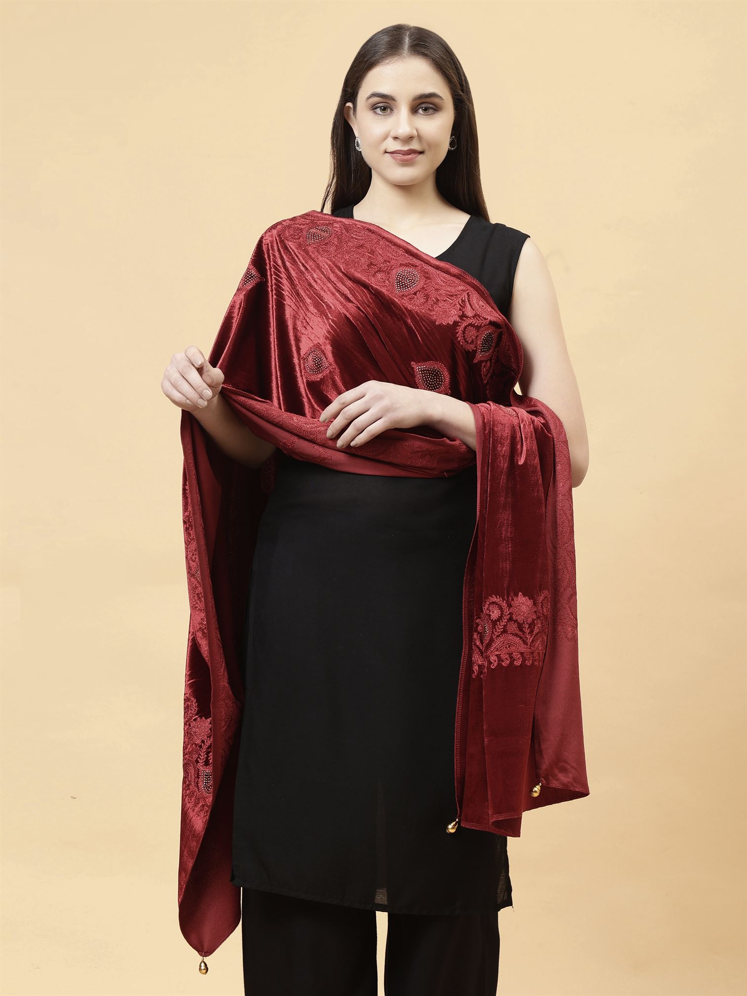 Maroon Embroidered Velvet Stole - MCHSVD1631M