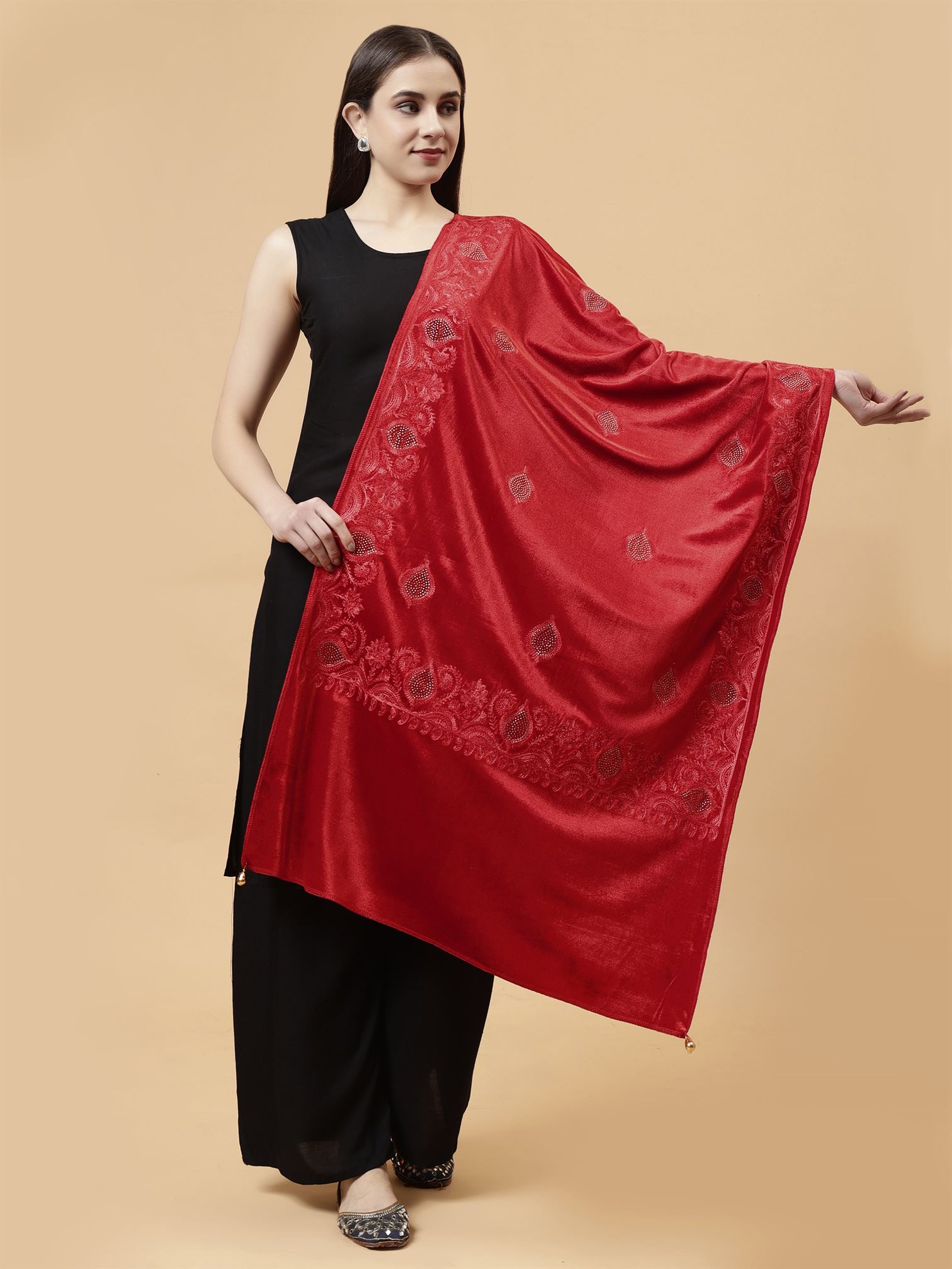 Red Embroidered Velvet Stole - MCHSVD1631R