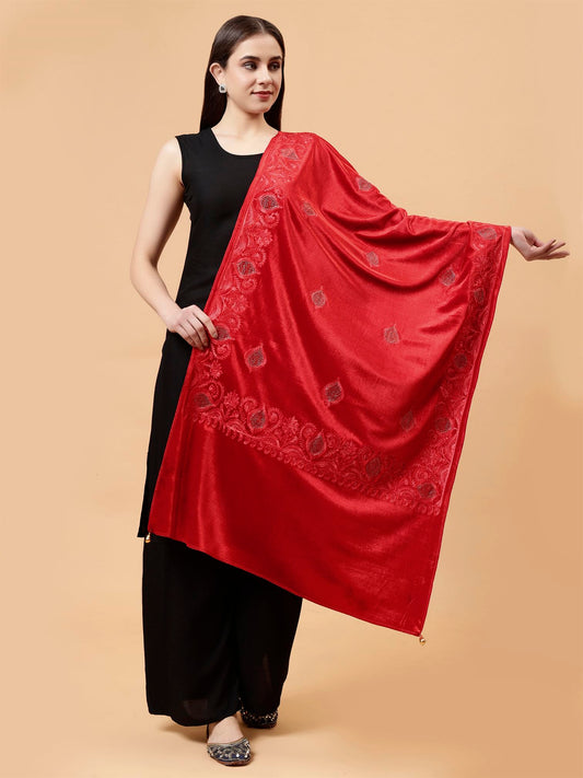 Red Embroidered Velvet Stole - MCHSVD1631R