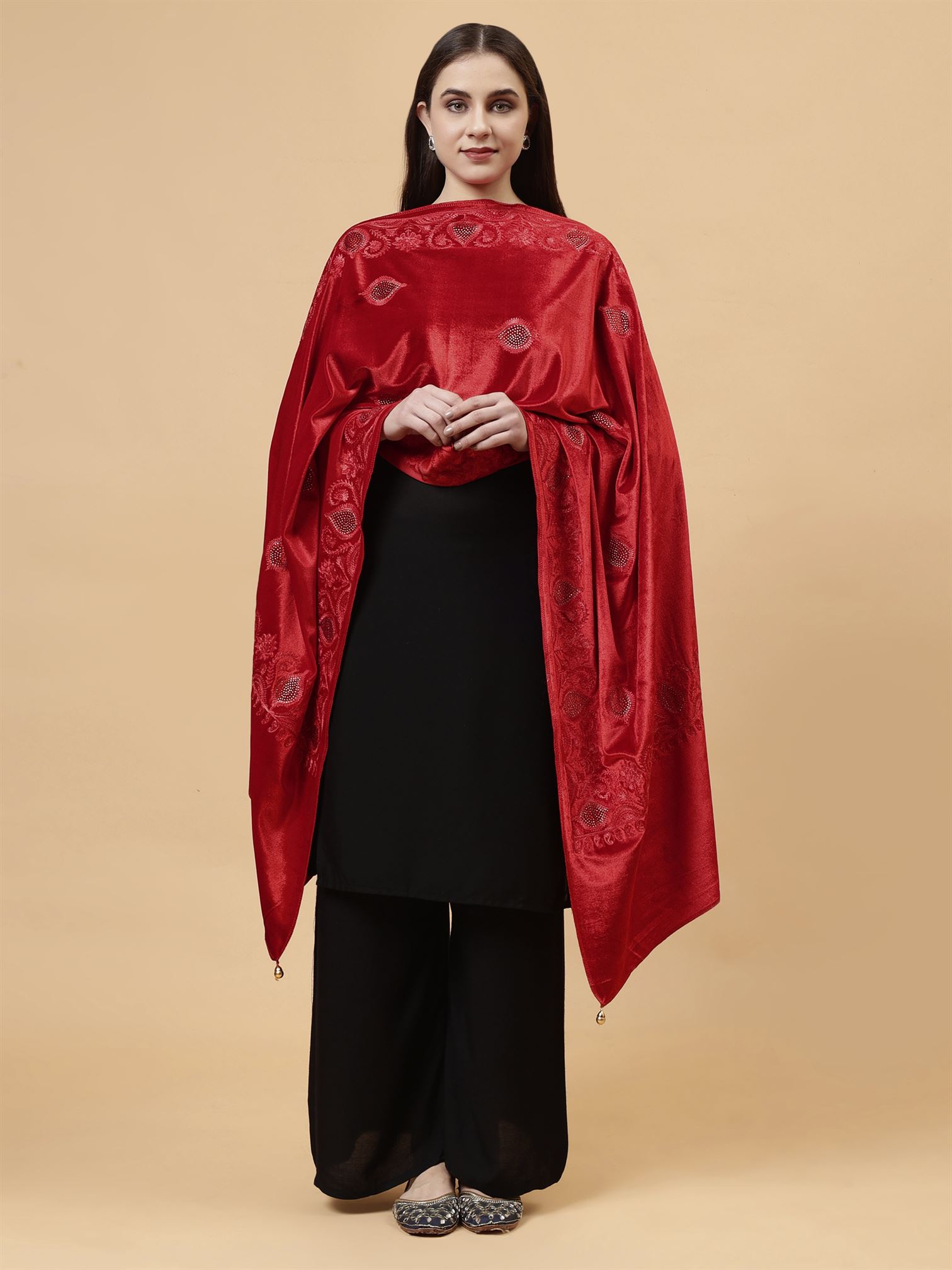 Red Embroidered Velvet Stole - MCHSVD1631R