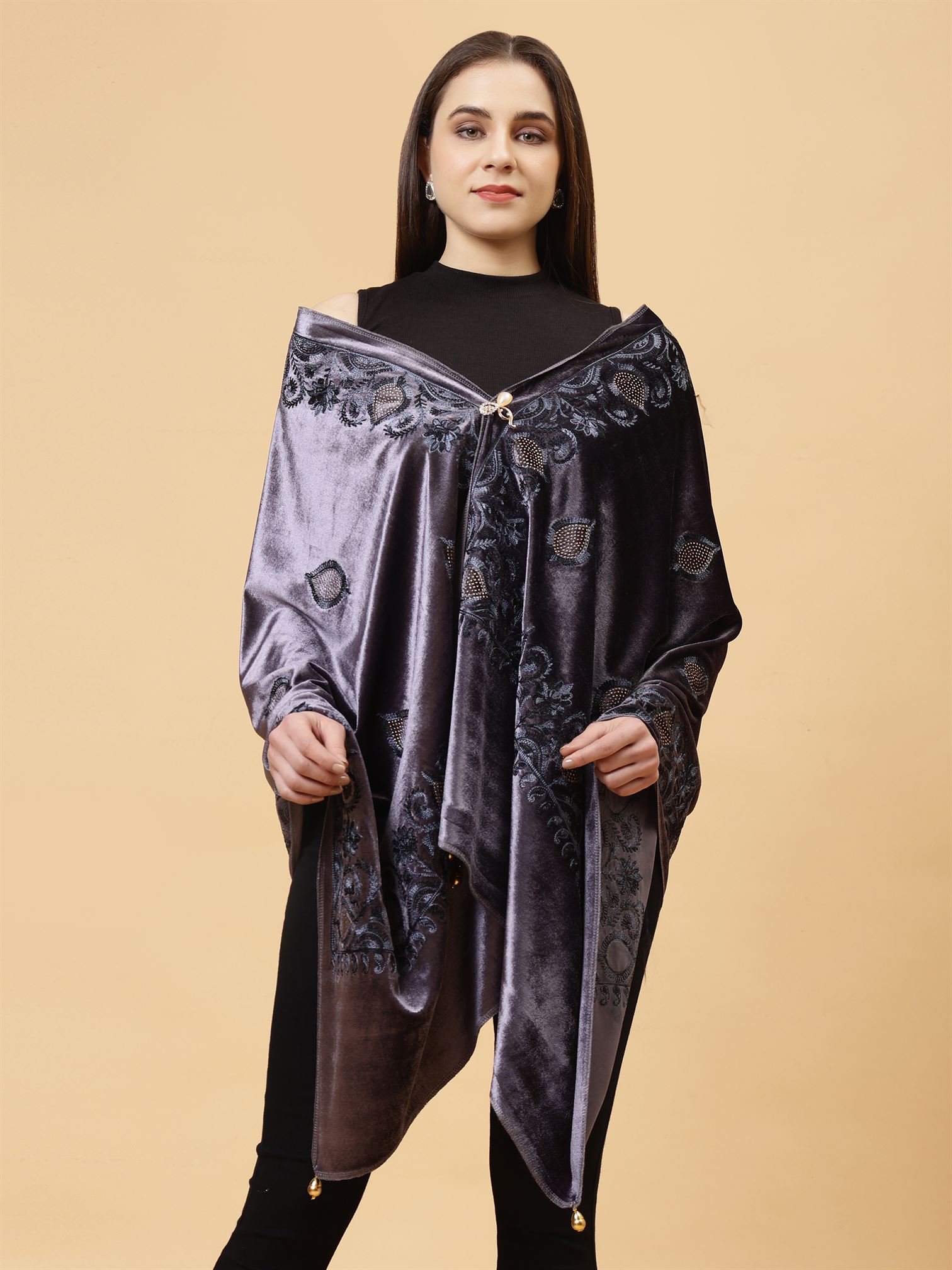 Steel Grey  Embroidered Velvet Stole - MCHSVD1631SG