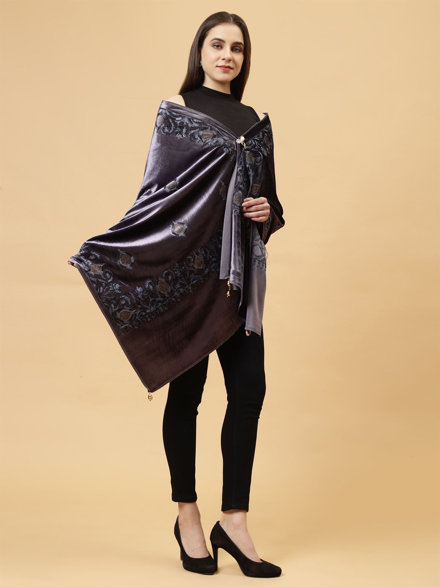 Steel Grey  Embroidered Velvet Stole - MCHSVD1631SG