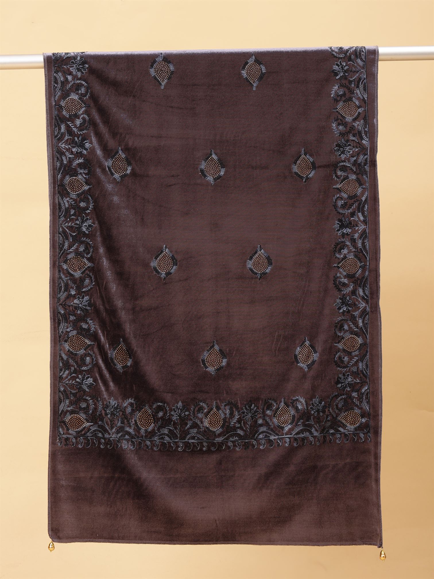 Steel Grey  Embroidered Velvet Stole - MCHSVD1631SG