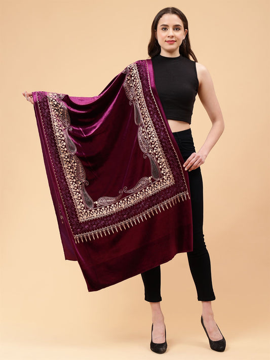 Purple Embroidered Velvet Stole - MCHSVD1651