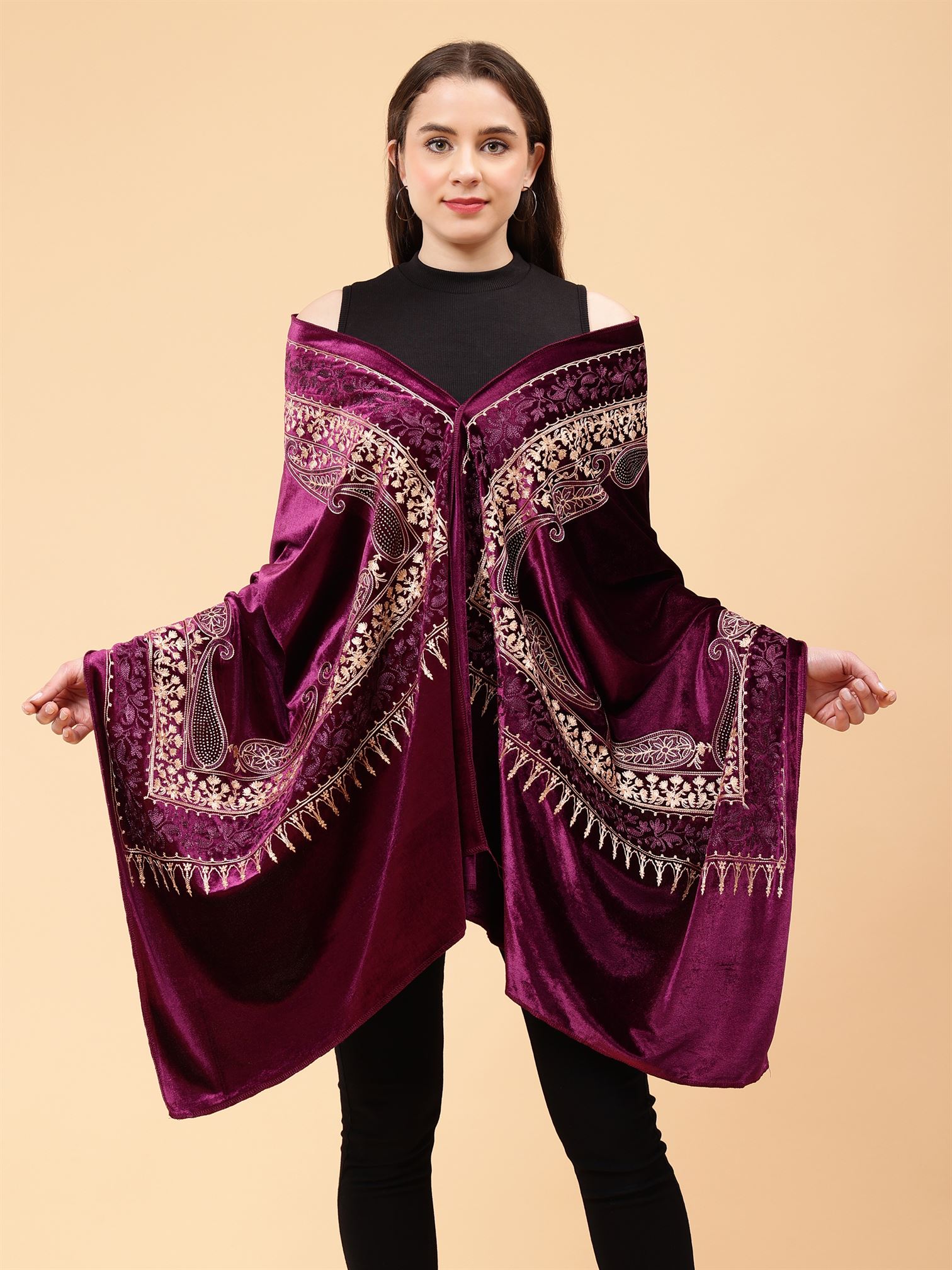 Purple Embroidered Velvet Stole - MCHSVD1651