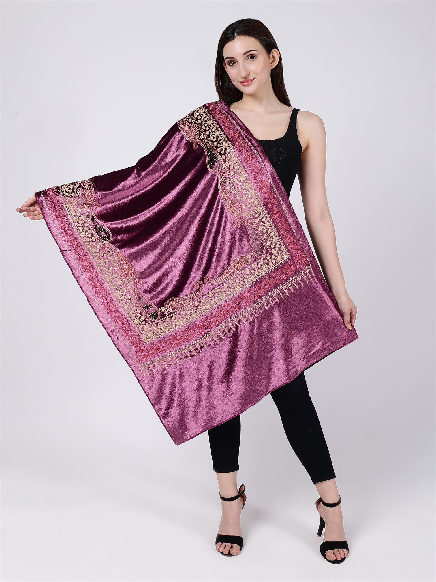 Onion Pink Embroidered Velvet Stole - MCHSVD1652