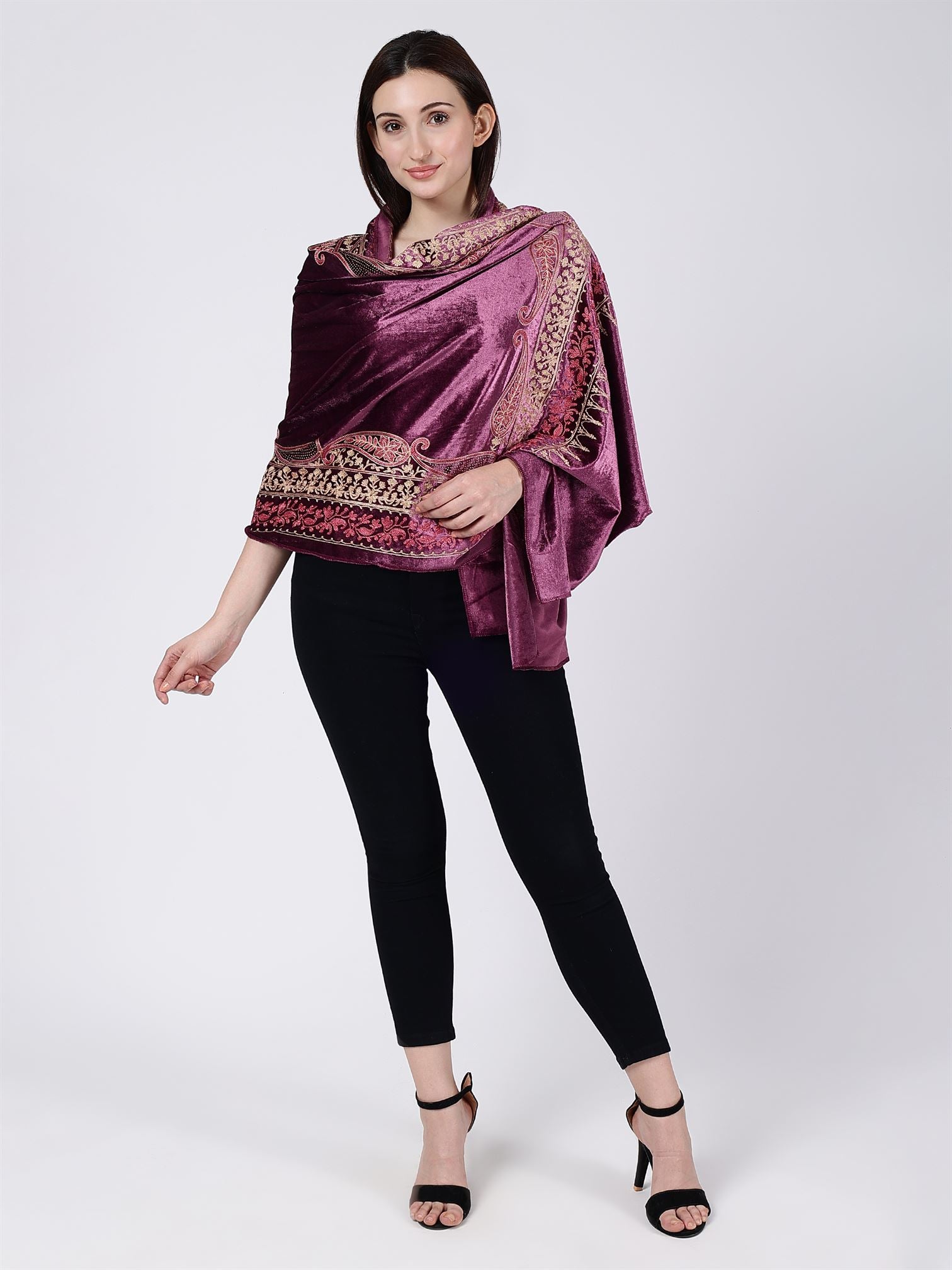 Onion Pink Embroidered Velvet Stole - MCHSVD1652