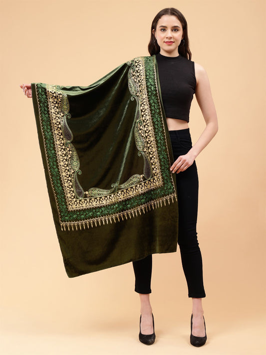 Mehndi Green Embroidered Velvet Stole - MCHSVD1653