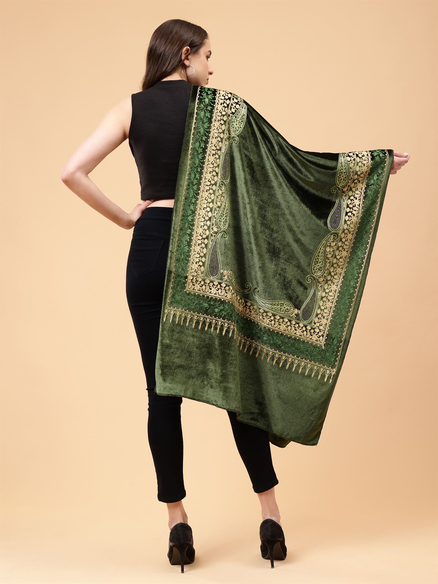 Mehndi Green Embroidered Velvet Stole - MCHSVD1653