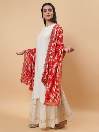 Red and Gold Phulkari Dupatta with Mirror Work | MCMMPD0253