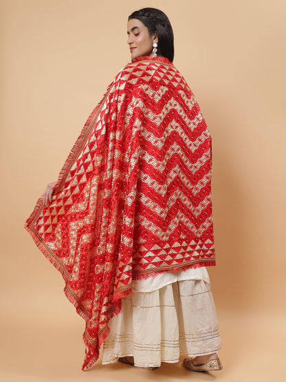 Red and Gold Phulkari Dupatta with Mirror Work | MCMMPD0253