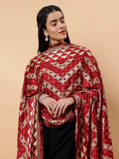 Maroon and Gold Phulkari Dupatta with Mirror Work | MCMMPD0254