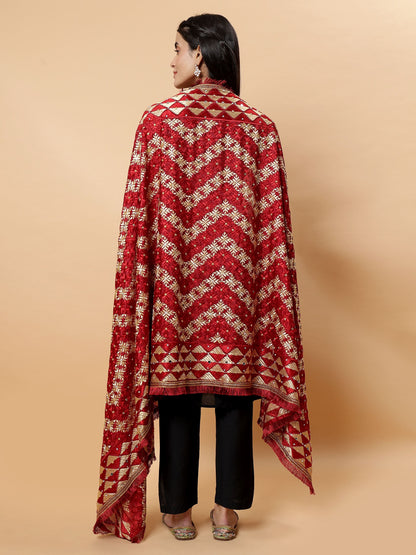 Maroon and Gold Phulkari Dupatta with Mirror Work | MCMMPD0254