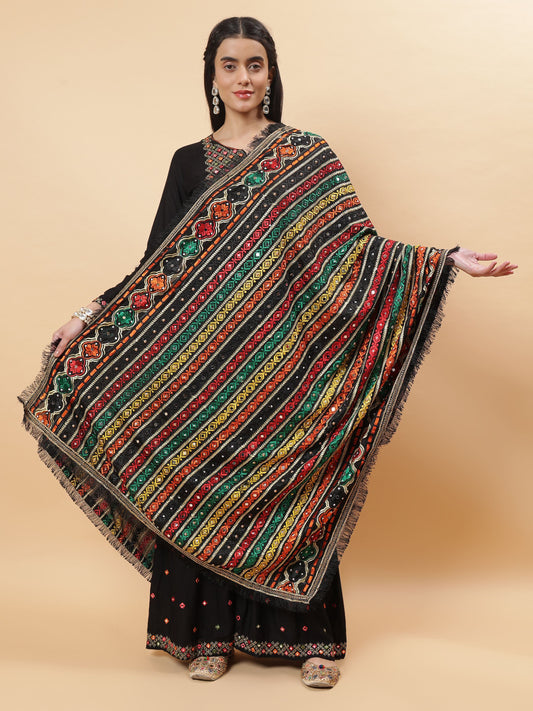 Black Multicolor Striped Pattern Phulkari Dupatta with Mirror Work | MCMMPD0271