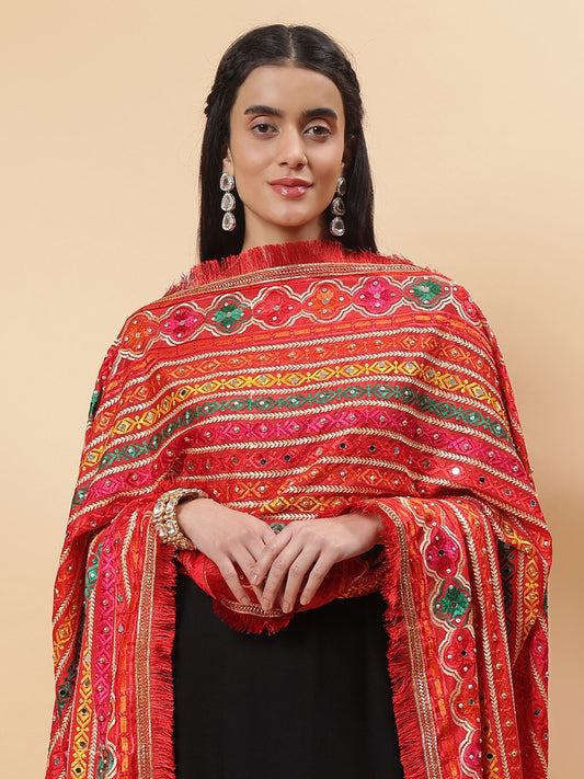 Red Multicolor  Striped Pattern Phulkari Dupatta with Mirror Work | MCMMPD0273