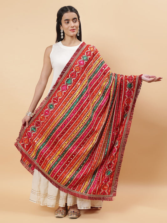 Maroon Multicolor  Striped Pattern Phulkari Dupatta with Mirror Work | MCMMPD0274