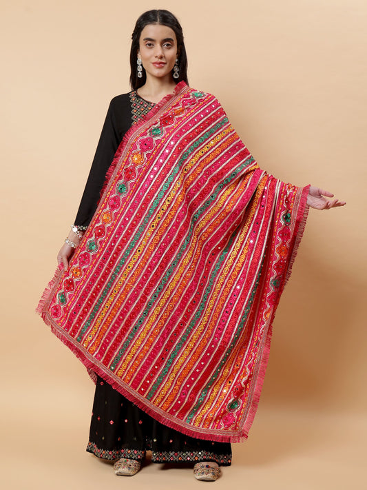 Magenta Multicolor  Striped Pattern Phulkari Dupatta with Mirror Work | MCMMPD0275