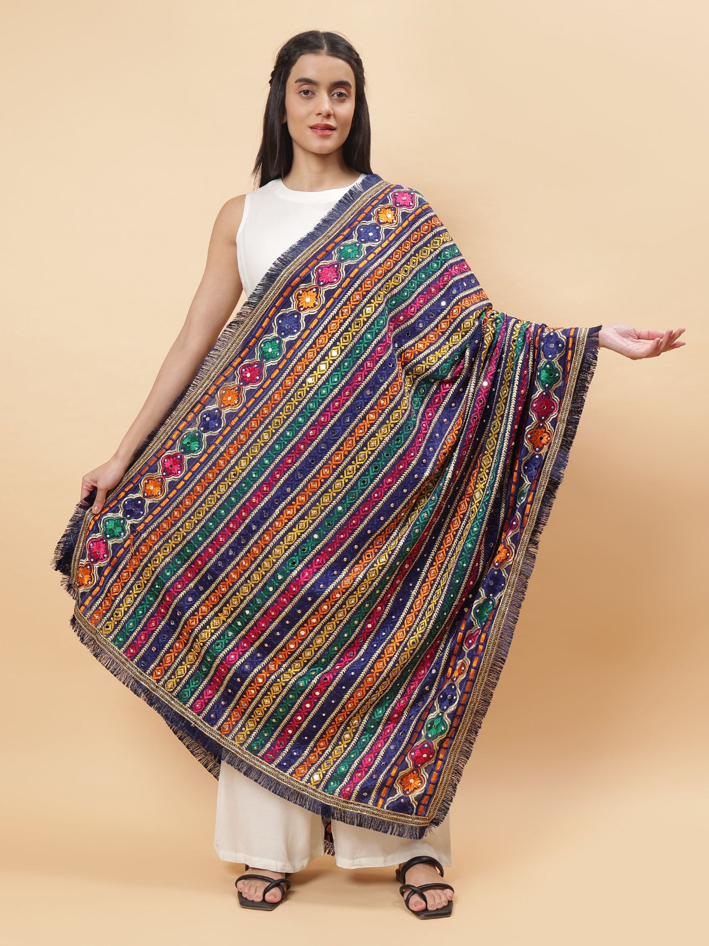 Navy Blue Multicolor  Striped Pattern Phulkari Dupatta with Mirror Work | MCMMPD0276