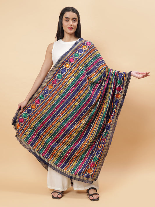 Navy Blue Multicolor  Striped Pattern Phulkari Dupatta with Mirror Work | MCMMPD0276