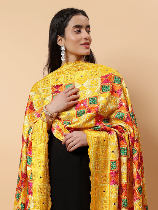 Yellow Multicolor Phulkari Dupatta with Mirror Work | MCMMPD0289