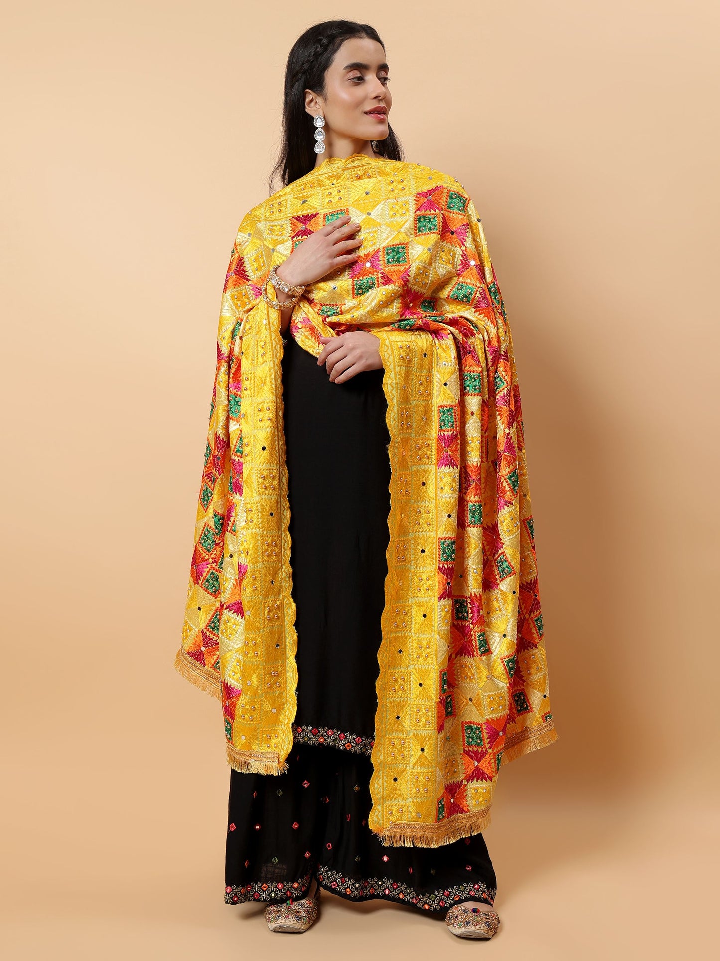 Yellow Multicolor Phulkari Dupatta with Mirror Work | MCMMPD0289