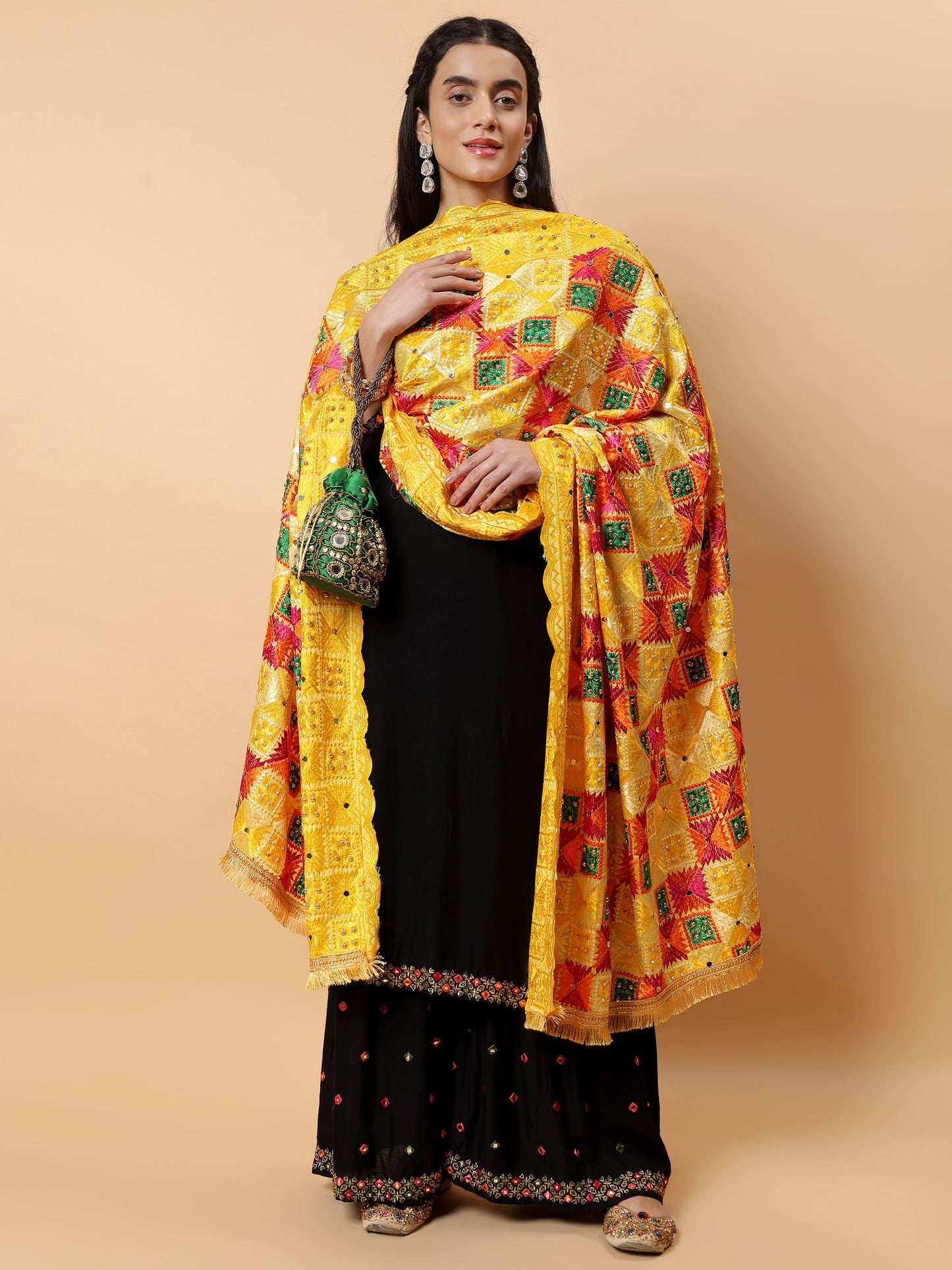 Yellow Multicolor Phulkari Dupatta with Mirror Work | MCMMPD0289