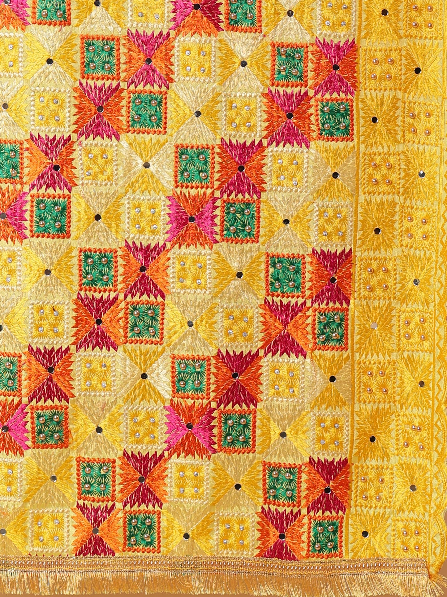 Yellow Multicolor Phulkari Dupatta with Mirror Work | MCMMPD0289