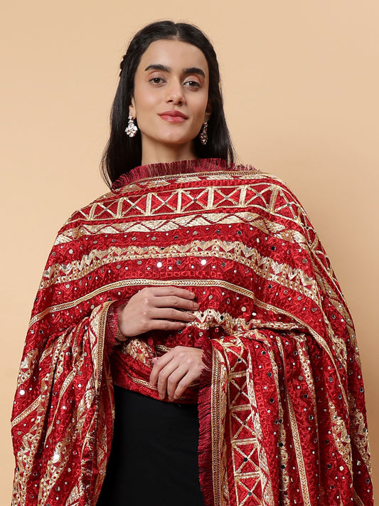 Maroon Multicolor Phulkari Dupatta with Mirror Work | MCMMPD0294