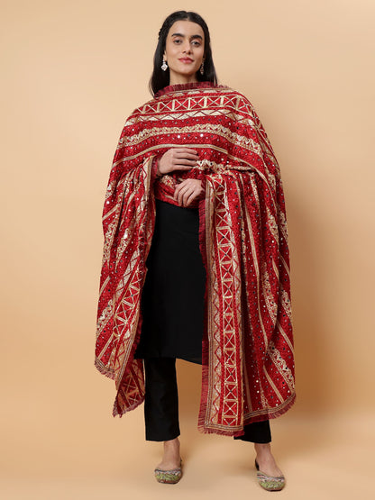 Maroon Multicolor Phulkari Dupatta with Mirror Work | MCMMPD0294