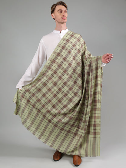 Premium Pure Wool Men's Shawl – Olive & Maroon Checkered