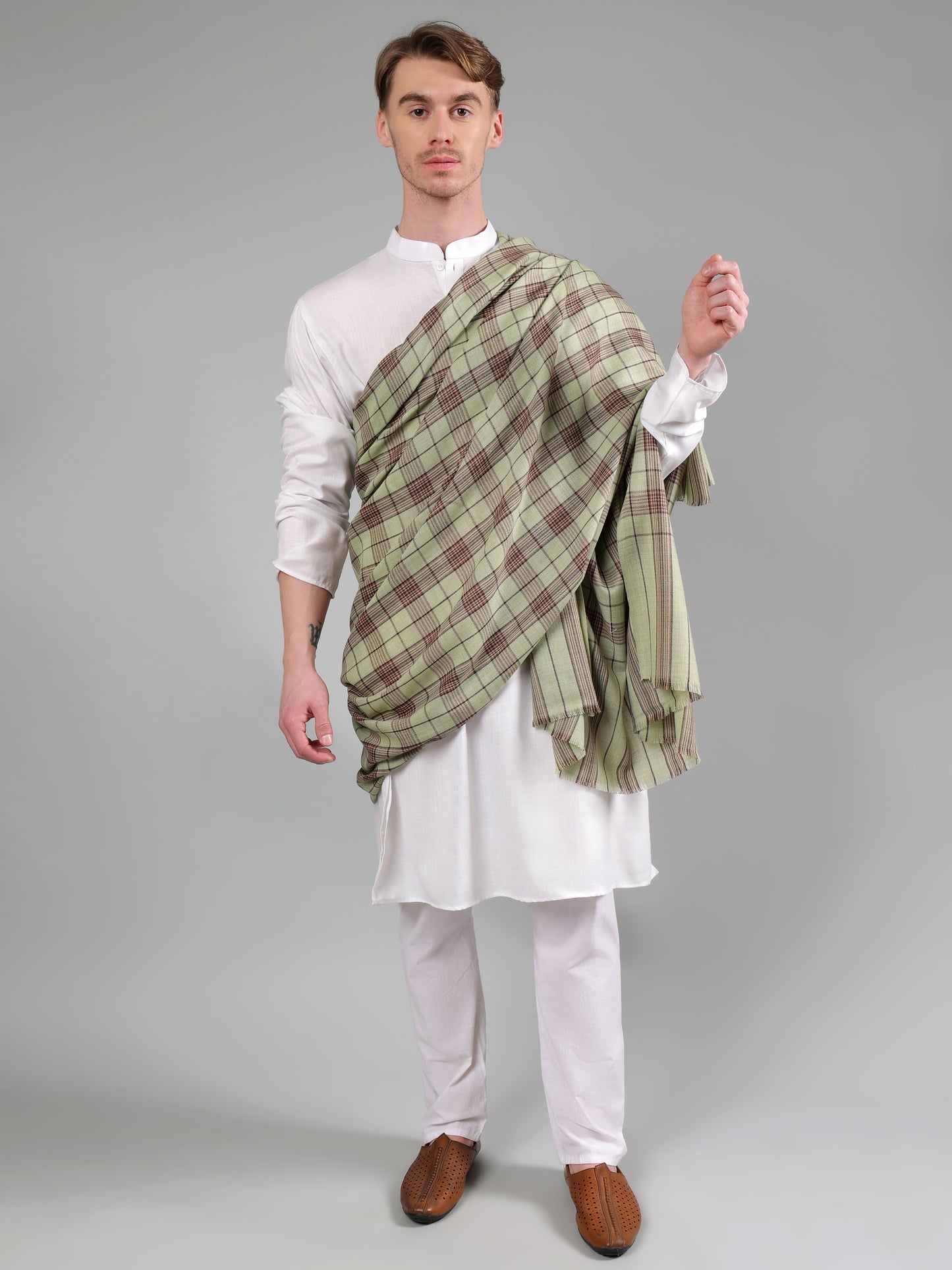 Premium Pure Wool Men's Shawl – Olive & Maroon Checkered