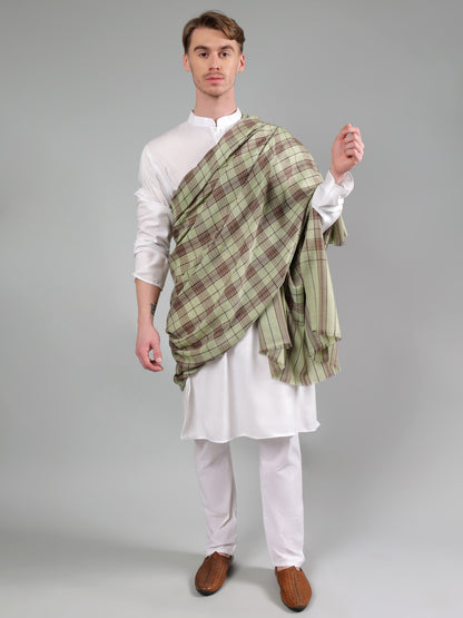 Premium Pure Wool Men's Shawl – Olive & Maroon Checkered