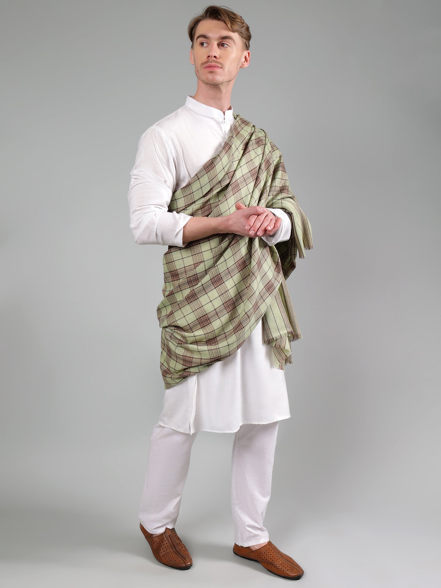 Premium Pure Wool Men's Shawl – Olive & Maroon Checkered