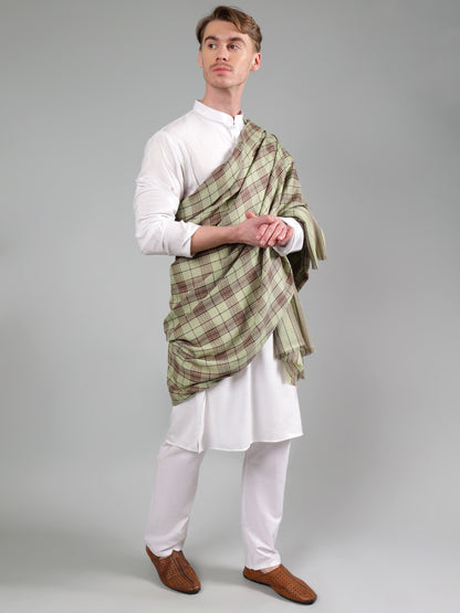 Premium Pure Wool Men's Shawl – Olive & Maroon Checkered
