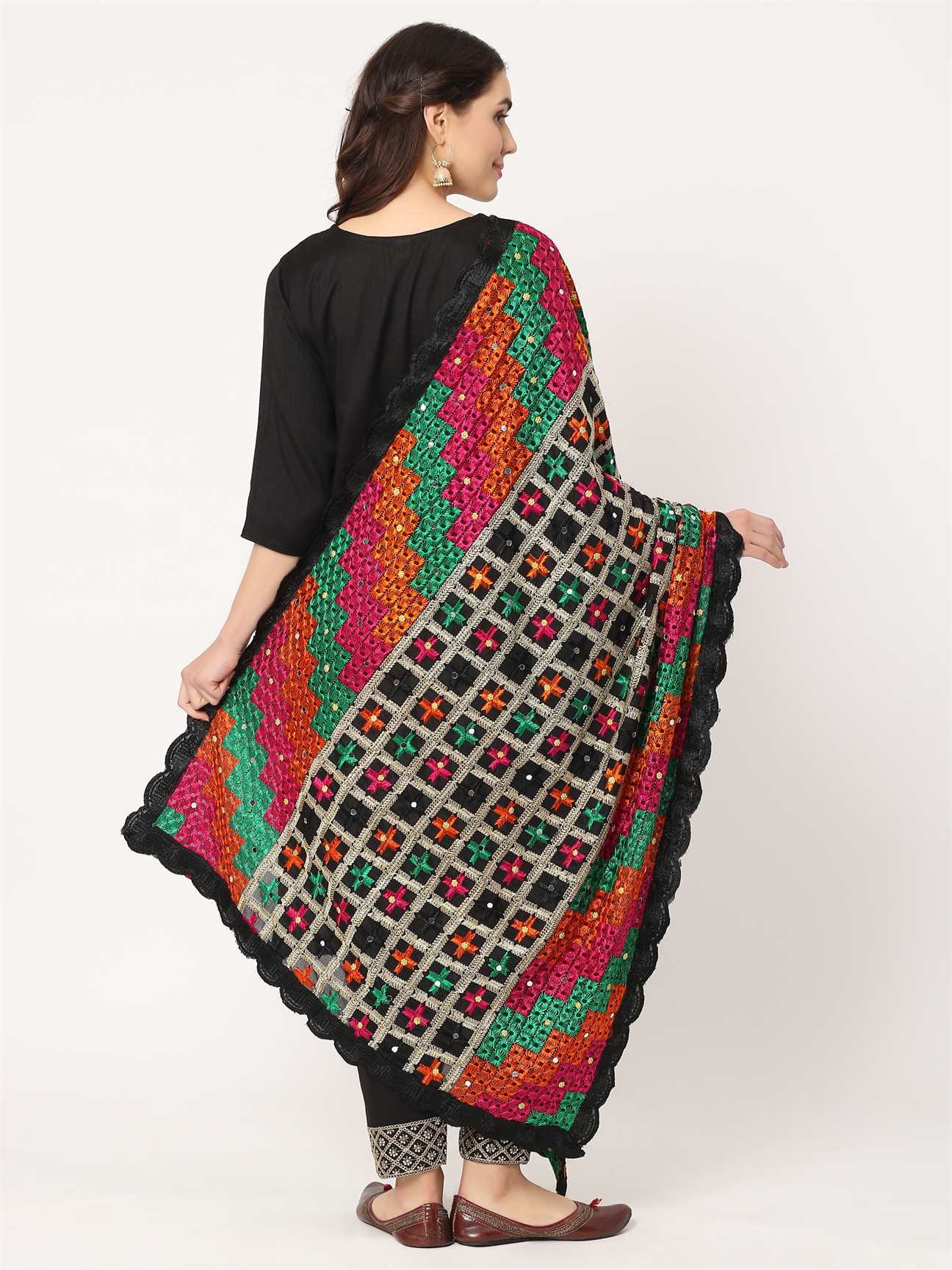 black-multicolour-check-design-phulkari-dupatta-MCRCPD0141