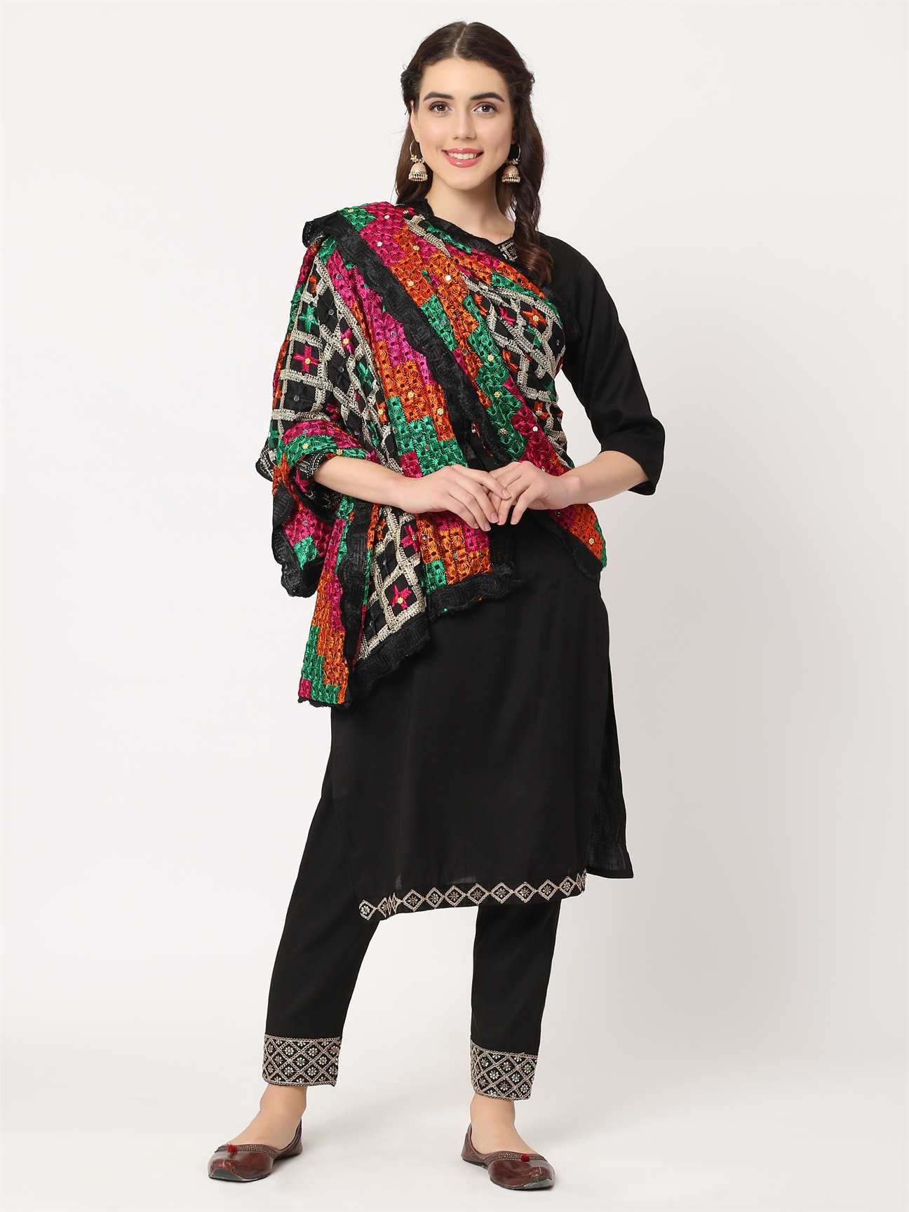 black-multicolour-check-design-phulkari-dupatta-MCRCPD0141