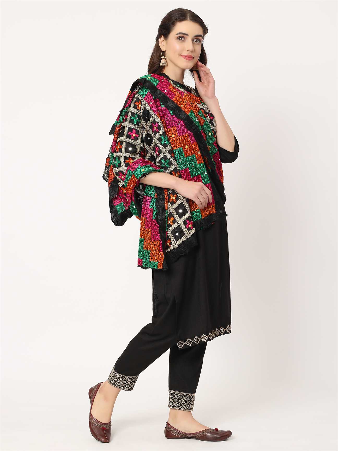 black-multicolour-check-design-phulkari-dupatta-MCRCPD0141